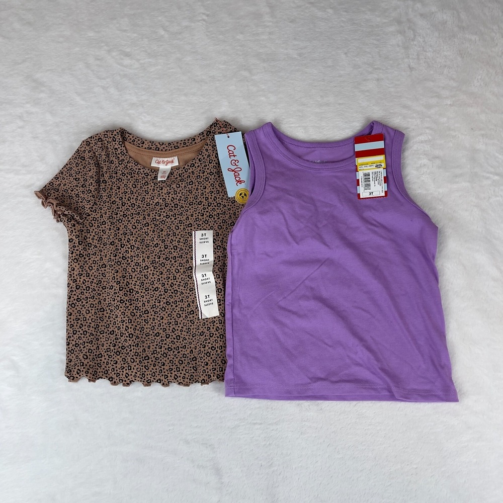 Lot of 2 Cat & Jack T-Shirt Girls 3T Brown Ribbed Animal Print Short Sleeve